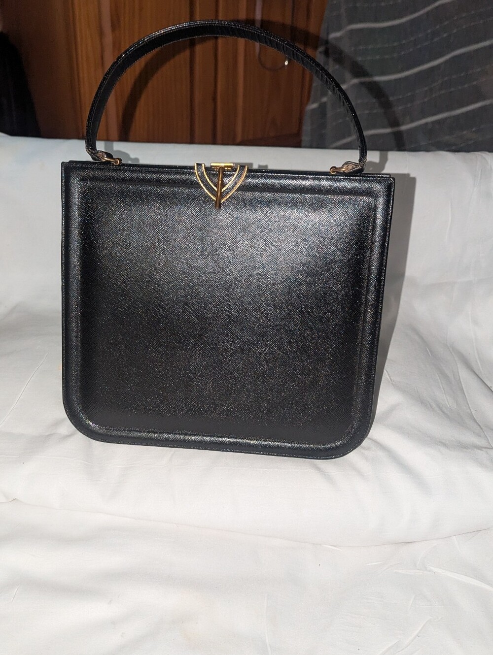 Vintage Manon Black Top-Handle Satchel with Gold Accent